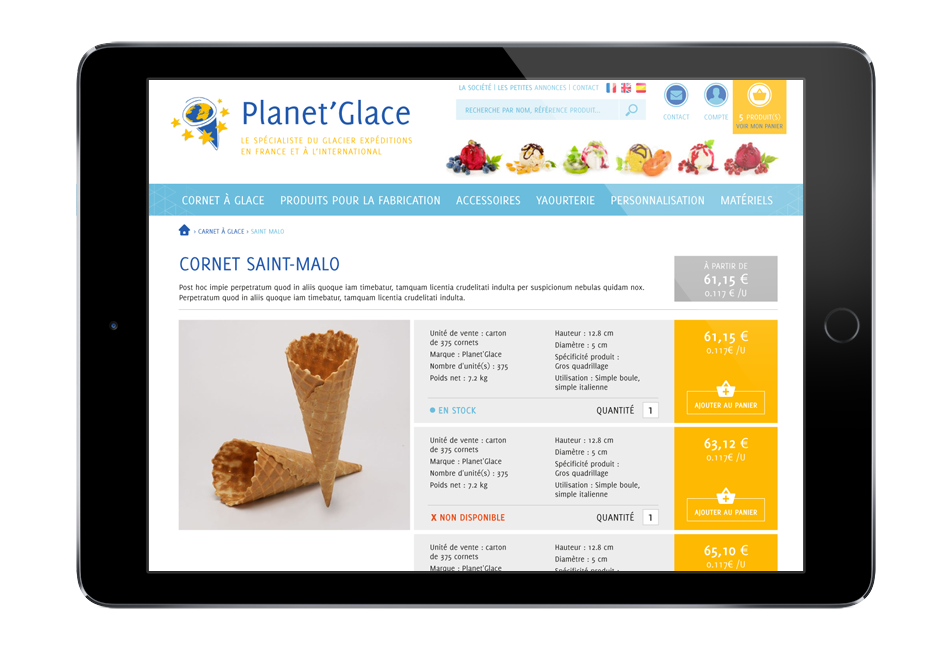 Site internet - fiche produit - Planet'Glace
